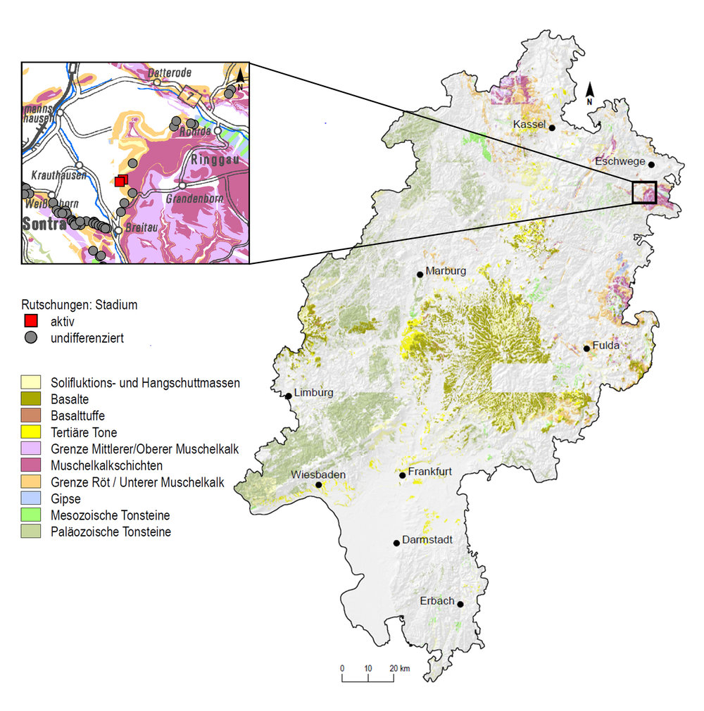 Rutschungsempfindliche Schichten von Hessen mit dokumentierten Rutschungen