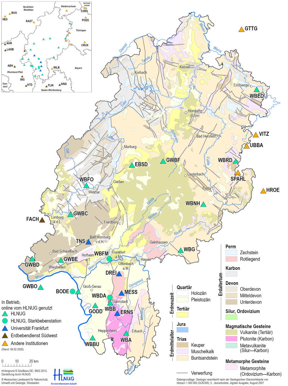 Karte mit den Erdbebenstationen in Hessen