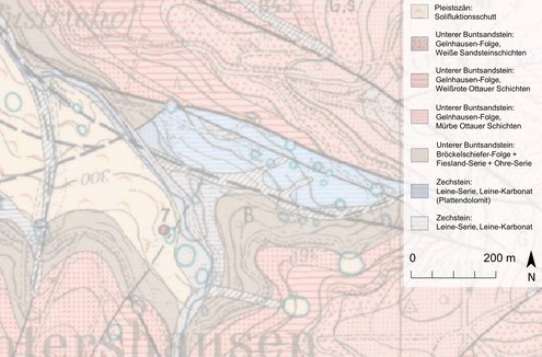 Geologische Karte (GK 1:25:000) mit eingezeichneten Erdfällen und Senkungsmulden bei Nentershausen