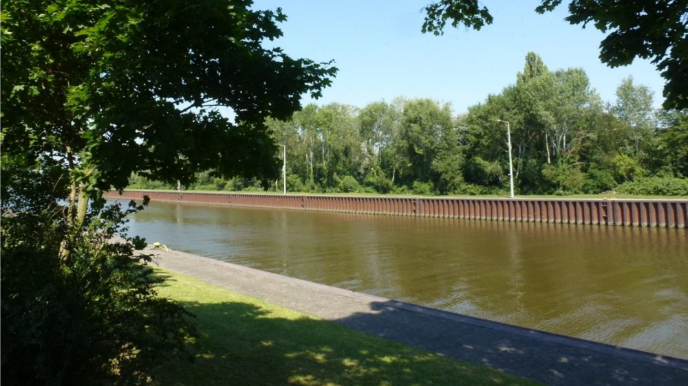 Das Vogelschutzgebiet Untermainschleusen mit Blick auf den mit Spundwänden eingefassten Kanal und säumenden Gehölzen.