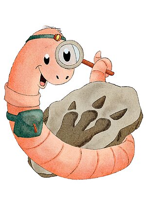 Regenwurm mit Lupe und Dino-Fußabdruck