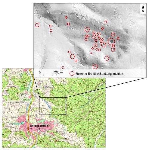 Digitales Geländemodell (DGM) mit eingezeichneten Erdfällen und Senkungsmulden bei Nentershausen
