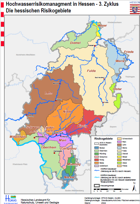 Karte der hessischen Risikogebiete im 3. Zyklus (HWRM)