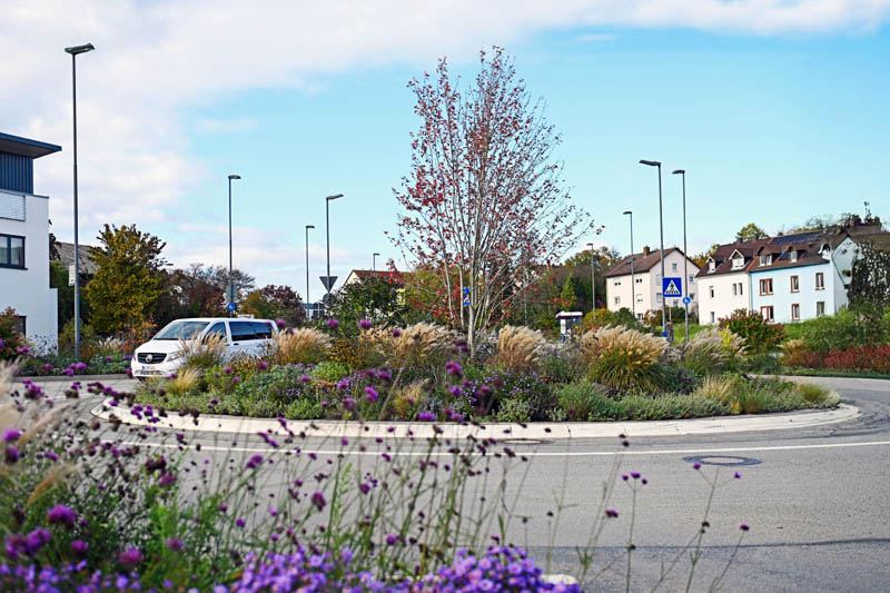 Foto einer üppig bepflanzten Kreisverkehrsinsel.