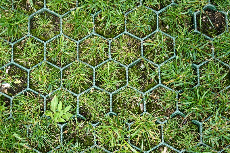 Foto eines entsiegelten Parkplatzes mit durchlässigem Bodenbelag